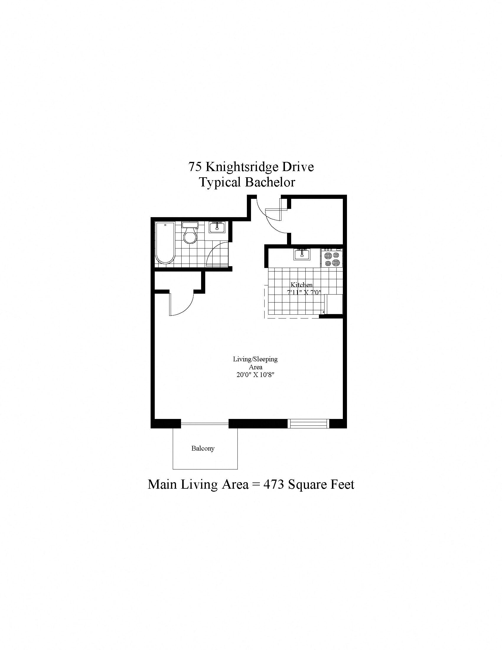 Floor plan for studio, 1 bath, 477 sqft